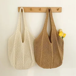 Women Crochet Tote Bag Fashion Hollow Out Knitted Bag Large Capacity Handbag Female Summer Beach Solid Color Woven Shoulder Bag