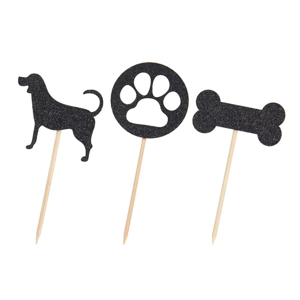 

48pcs Black Glitter Dog Footprint Design Cake Toppers Puppy Bones Cake Picks Paper Cake Decoration Theme Party Dessert Favor(3 P