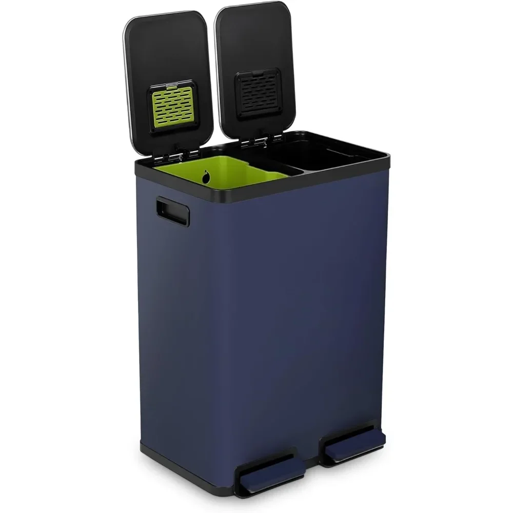 

60 Liter Dual Compartment Step Trash Can with Soft Close Lid Stainless Steel Blue