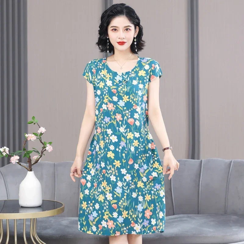 Vintage Summer Dress Cotton Korean Fashion 2023 New Women Dress for Mother Short Sleeve O-Neck Casual Everyday Dress Elegant