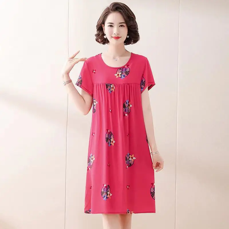 Middle-Aged and Elderly New Cotton Silk Nightgown Homewear Women\'s Summer Pajamas Dress Large Size Pajamas Homewear Mom Clothing