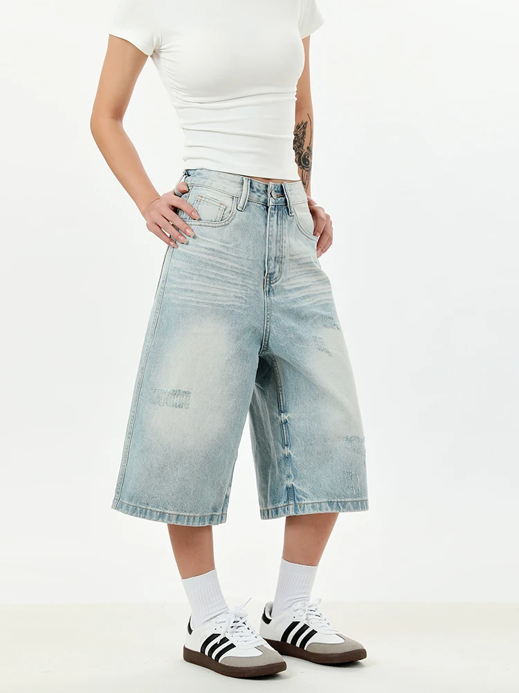 

Retro American Wide Leg Jeans Women Summer Washed Slim High Street Design Denim Pants Casual Loose Fit No Stretch