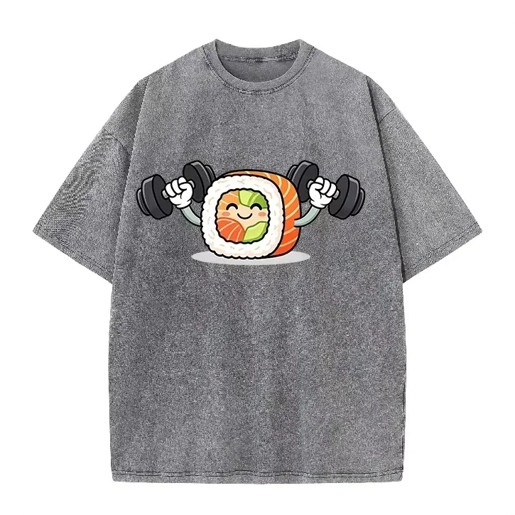 Retro Distressed Gray Tee Kawaii Smiling Salmon Roll Workout Dumbbell Print Loose Short Sleeve Summer Casual Sushi Lover Tshirt