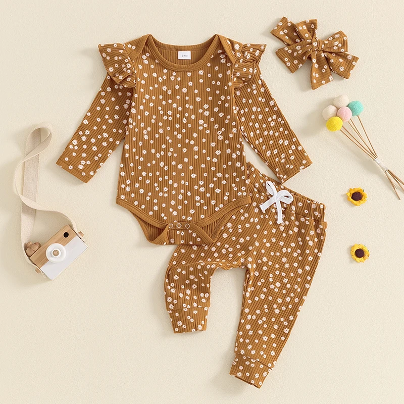 0-18 أشهر طفلة ربيع الخريف الزي الأزهار طويلة الأكمام مضلع رومبير القوس السراويل عقال 3 قطعة مجموعة