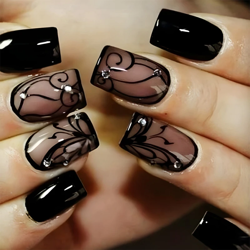 24 pçs curto quadrado unhas falsas para o verão preto renda imprensa no prego simples dicas de unhas falsas