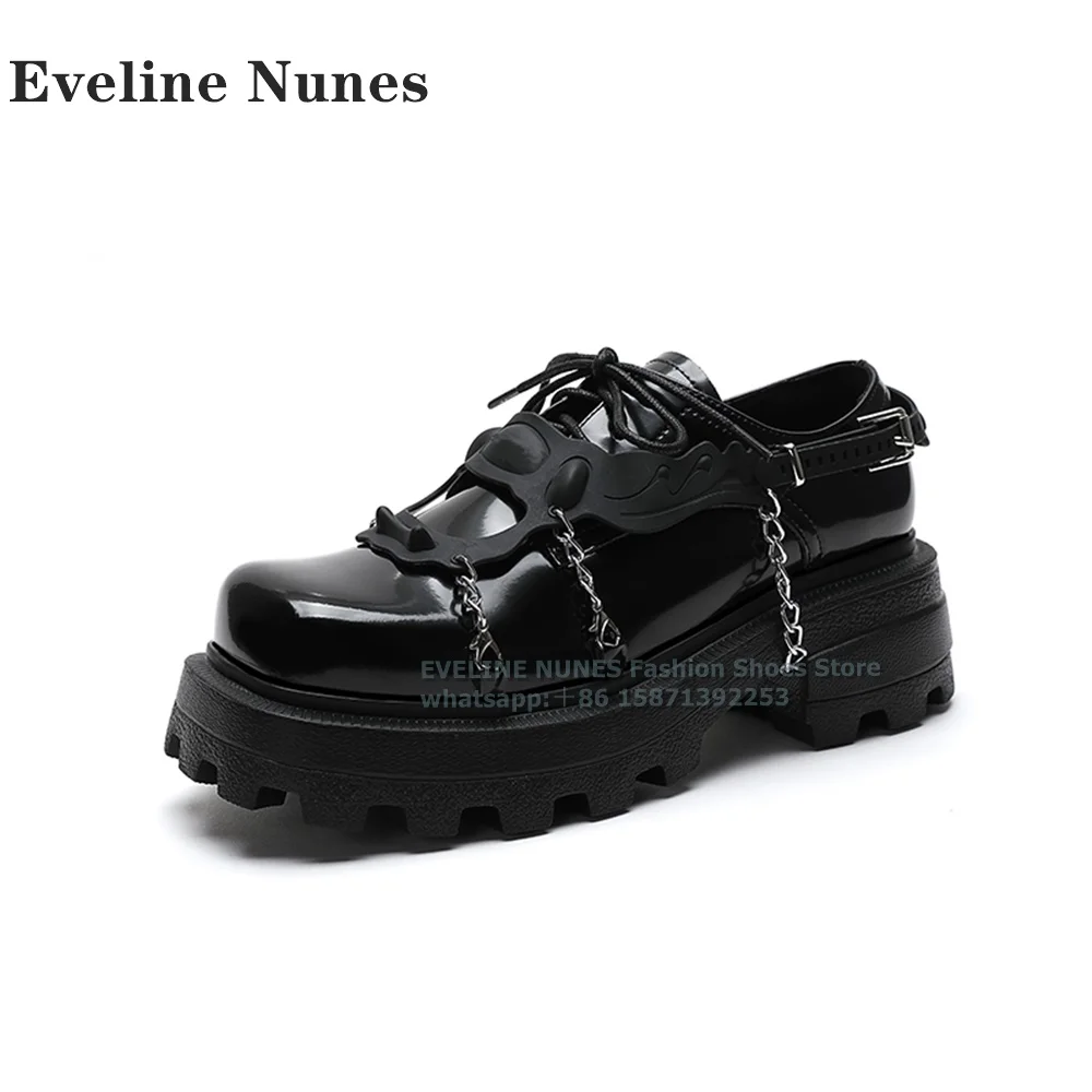 Metal Chain Lace-Up Platform Pumps Round Toe Thick Sole Height Increasing Punk Leather Shoes Buckle Strap Shallow Shoes Autumn