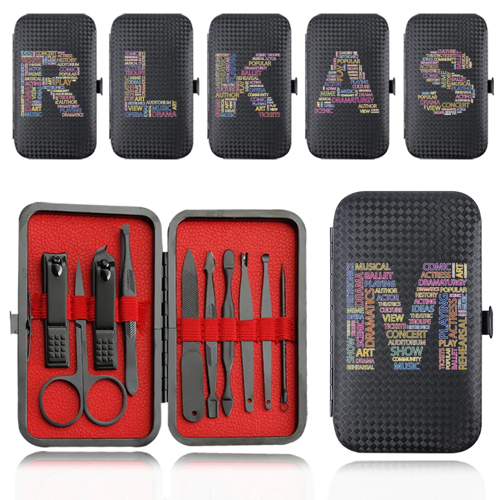 

10Pcs Portable PU Manicure Tools Set Stainless Steel Nail Clipper Kit Case Pocket Organizer Pedicure Trimmer Text Letter Pattern