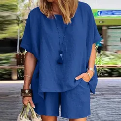 Ladies Shorts Suit Fashionable Summer Women's Elegant Solid Color Pullover Loose Cotton Linen Short Sleeved Shorts Two-piece Set