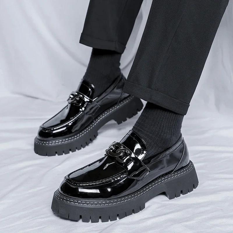 Men Chain Casual Streetwear Fashion Vintage Thick Sole Patent Leather Slip - on Loafers Shoes Male Commute Wedding Dress Shoes