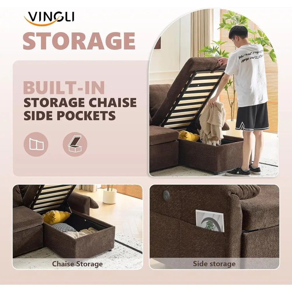 L-Shaped Sectional Sofa Bed with Storage, Cloud-Soft Leather, USB Ports, and Side Pockets in Brown