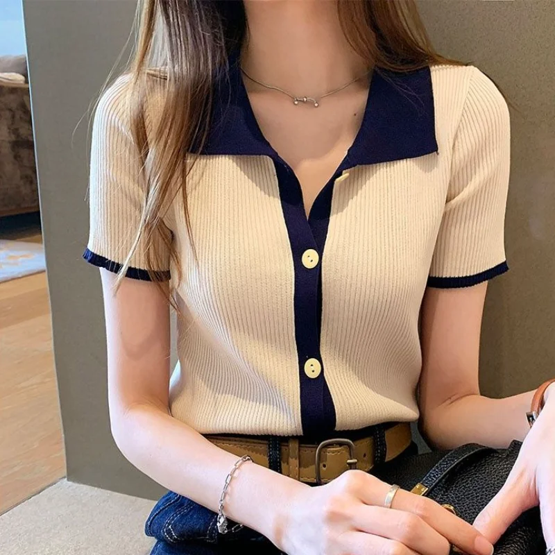 Summer Polo Shawl Orange Shirts Women Knitted Short Sleeve Neck T-shirt Slim T-shirts Brands Brown Woman Original Cotton Blouses