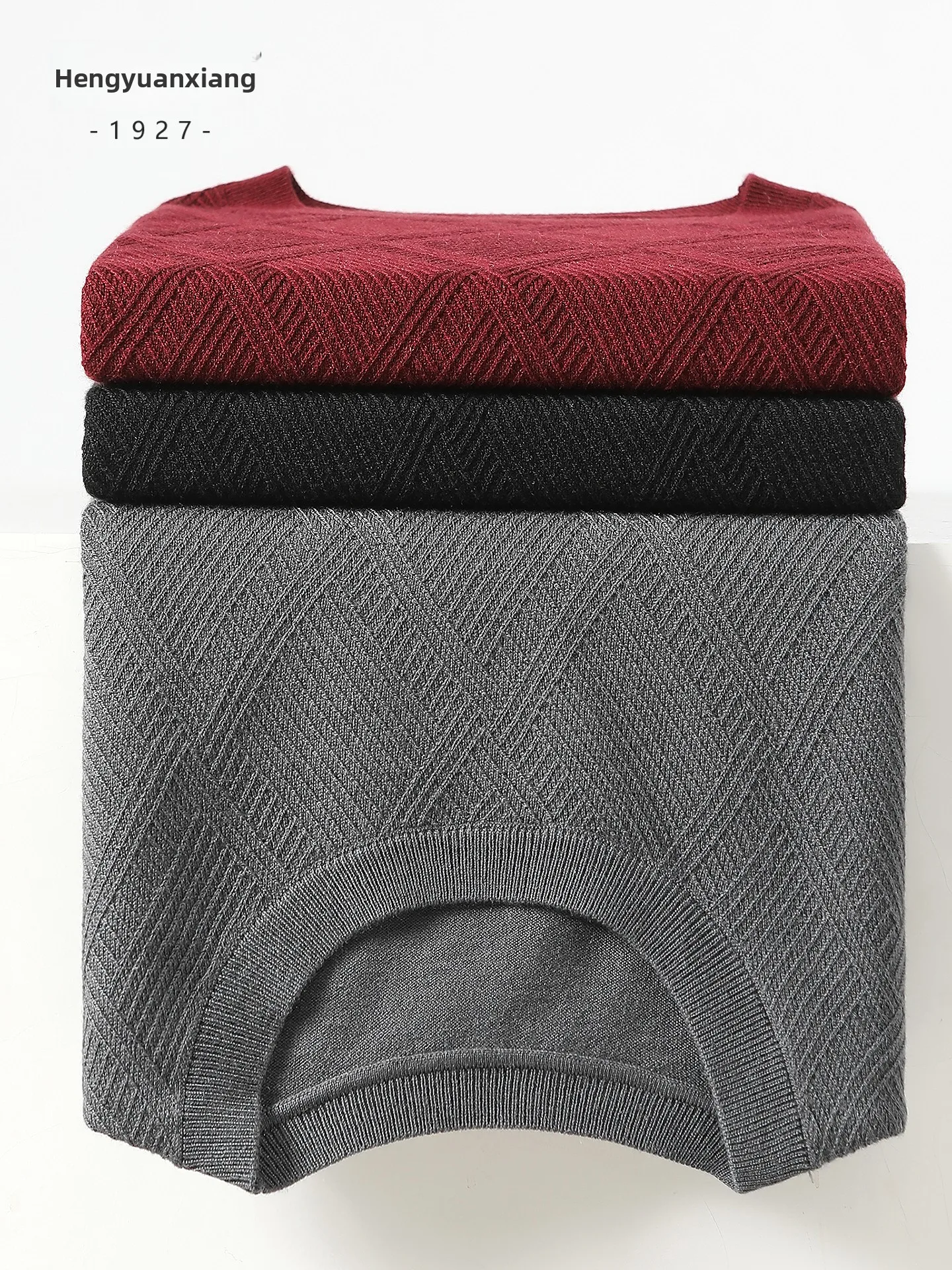 Casual Knitted Wool Blend Men's Sweater round Neck Diamond Pattern Soft Comfortable Spring Autumn Fashion for Middle-Aged