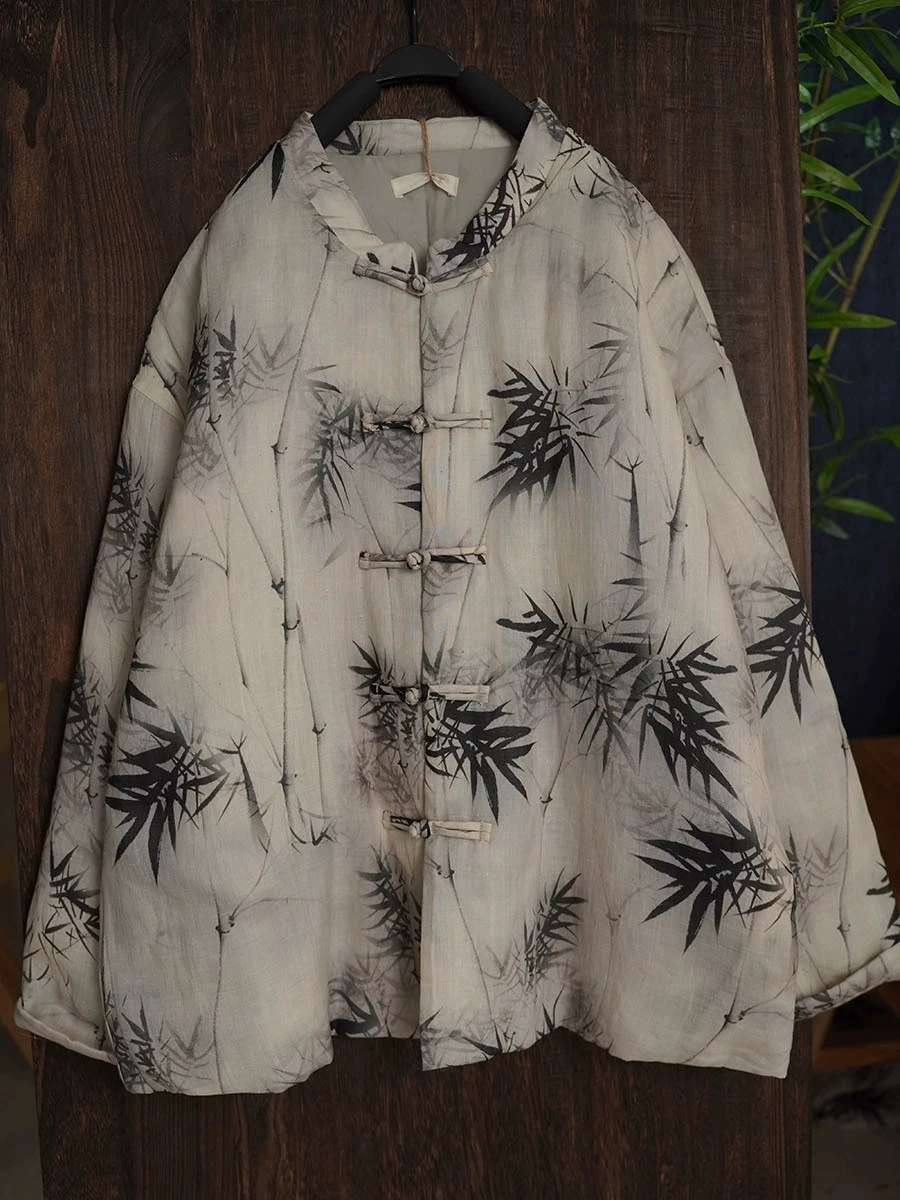 

New Chinese Style Dyed Bamboo Print Cotton Jacket Women's Winter Thick Warm Improved Zen Style Button up Long Sleeve Coat