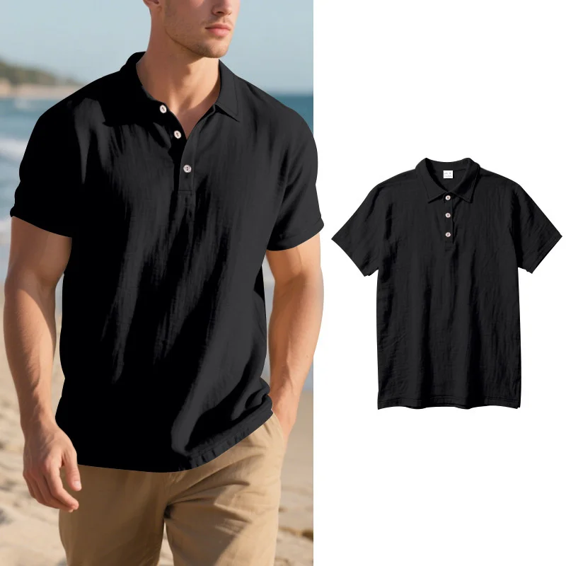 

2025 Daily Casual Short Sleeve Linen Polo Shirt Mens Fashion Buttoned turn-down collar Shirt Summer Leisure beach men Polo Shirt
