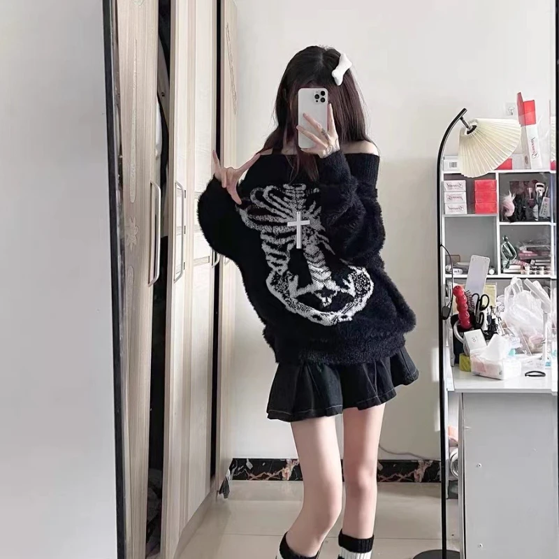 

Осень-зима 2022, новый винтажный женский свитер Y2k, повседневные тонкие пуловеры с длинными рукавами и принтом, уличная одежда в стиле Харадзюку, элегантные шикарные топы