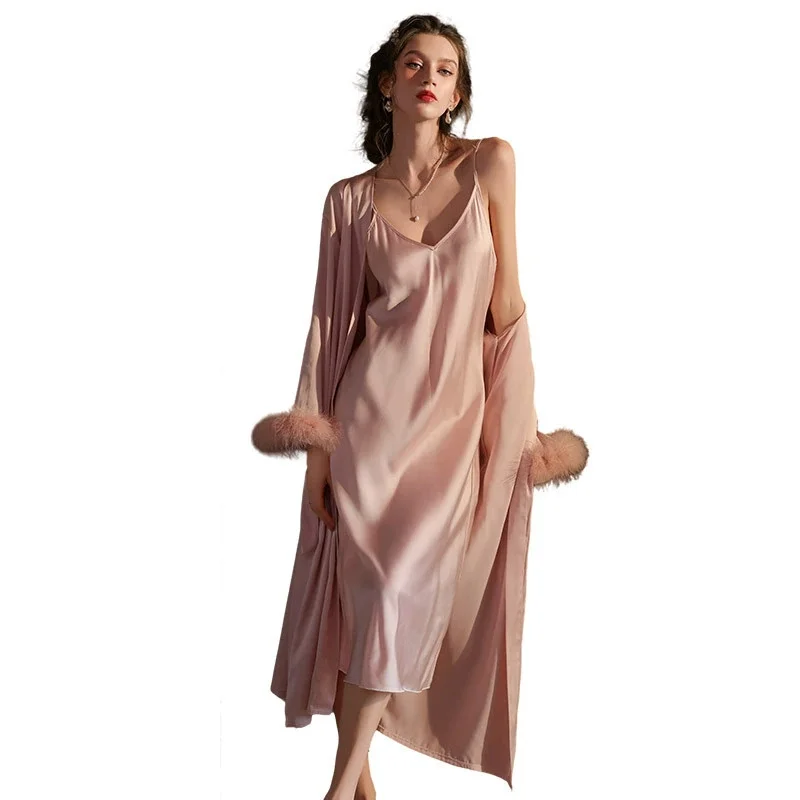 Femmes vêtements de nuit 2 pièces Patchwork dentelle à manches longues ceinturé Robe chemise de nuit col en V Slip Robe de nuit Sexy élégant femmes pyjamas ensembles