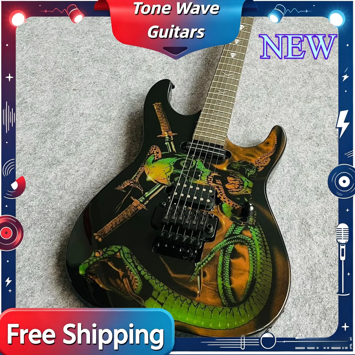 STD Snake Skull Graphic Electric Guitar Alder Body Rosewood Fingerboard HH Pickups Double Tremolo Heavy Metal Rock Stage Guitar