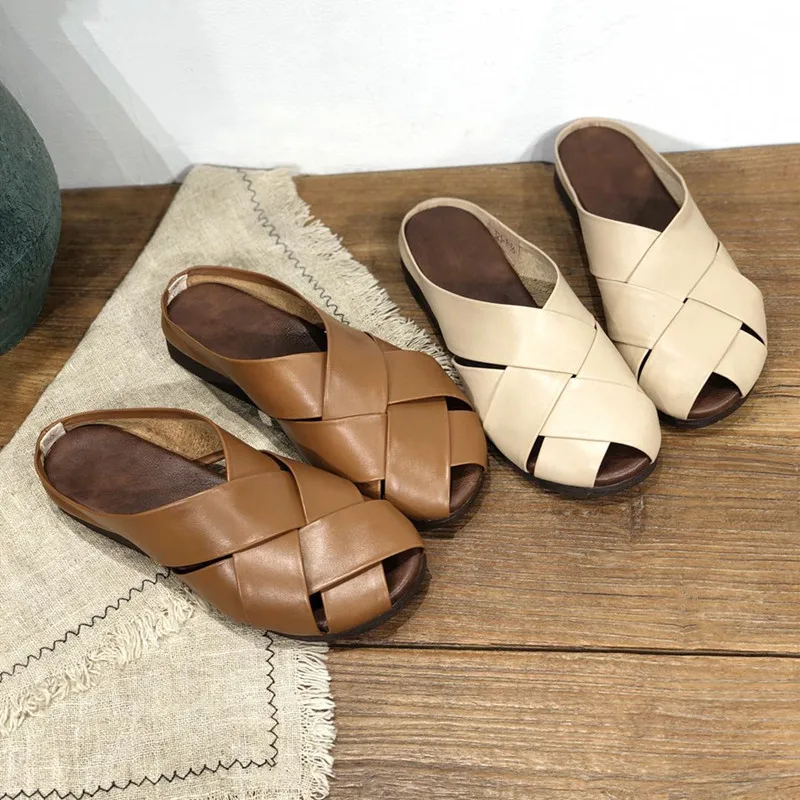 2023 New Cowhide Woven Handmade Women's Sandals Leather Slippers Flat Breathable Healthy Summer Shoes Mueller Shoes