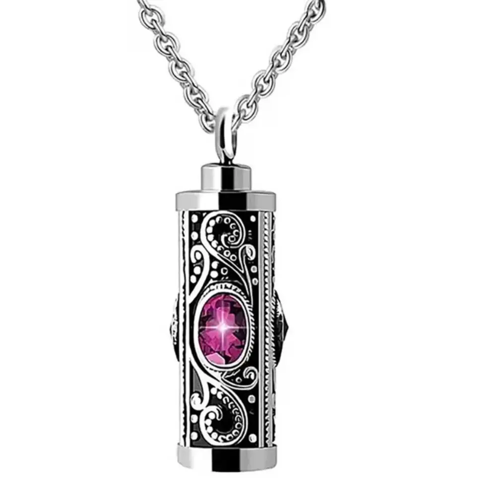 For Men Crystal Cremation Urn Necklace Cylinder Birthstone Memorial Pendant Retro Style Waterproof Cremation Jewelry Human Ashes