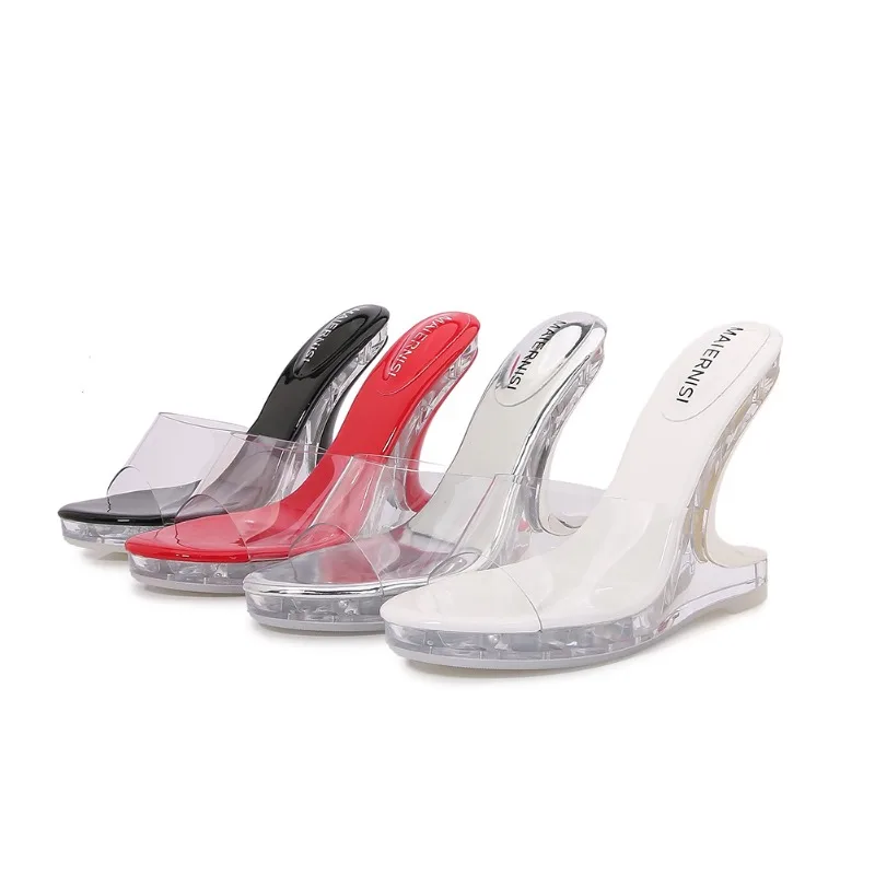 Summer Wedges Crystal Slippers Transparent 12cm Thin High Heels Sandals Shoes Woman Sandalias Catwalk Shows Peep Toe Pumps