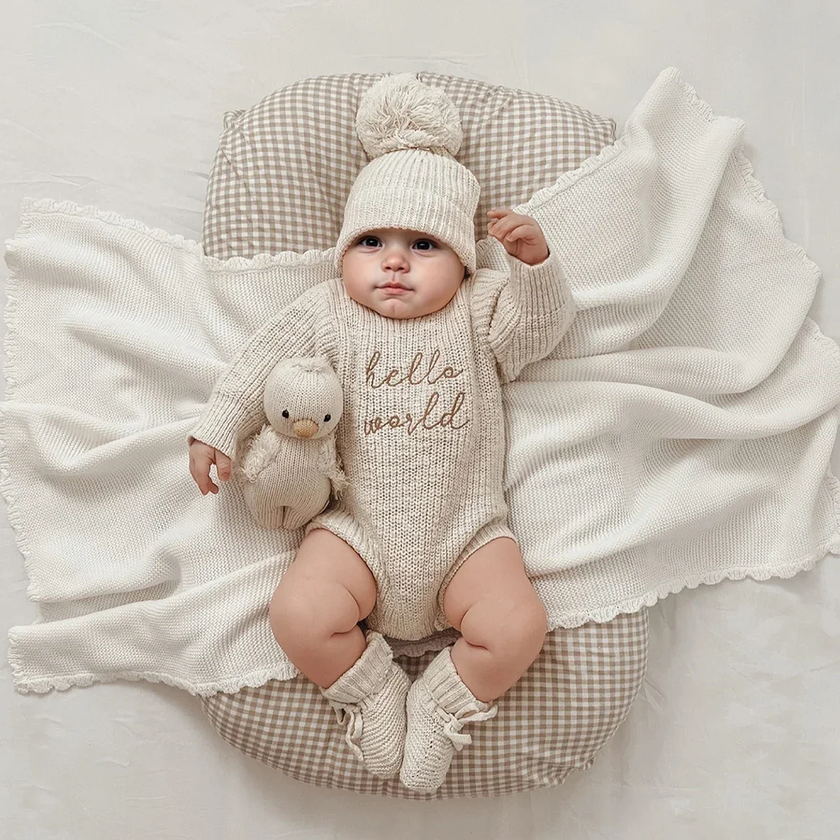 Ylsteed Hello World Knitting Newborn Photography Romper with Matching Pomp Hat Baby Boy Girl Sweater Outfits for Photo Shooting