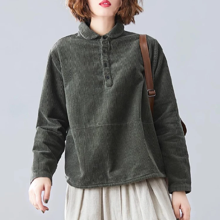Herbst Winter Casual Reine Farbe Cord Lange Sve irt Jaet plus Größe frauen Kleinen Kragen Casual Vielseitig Overhead top