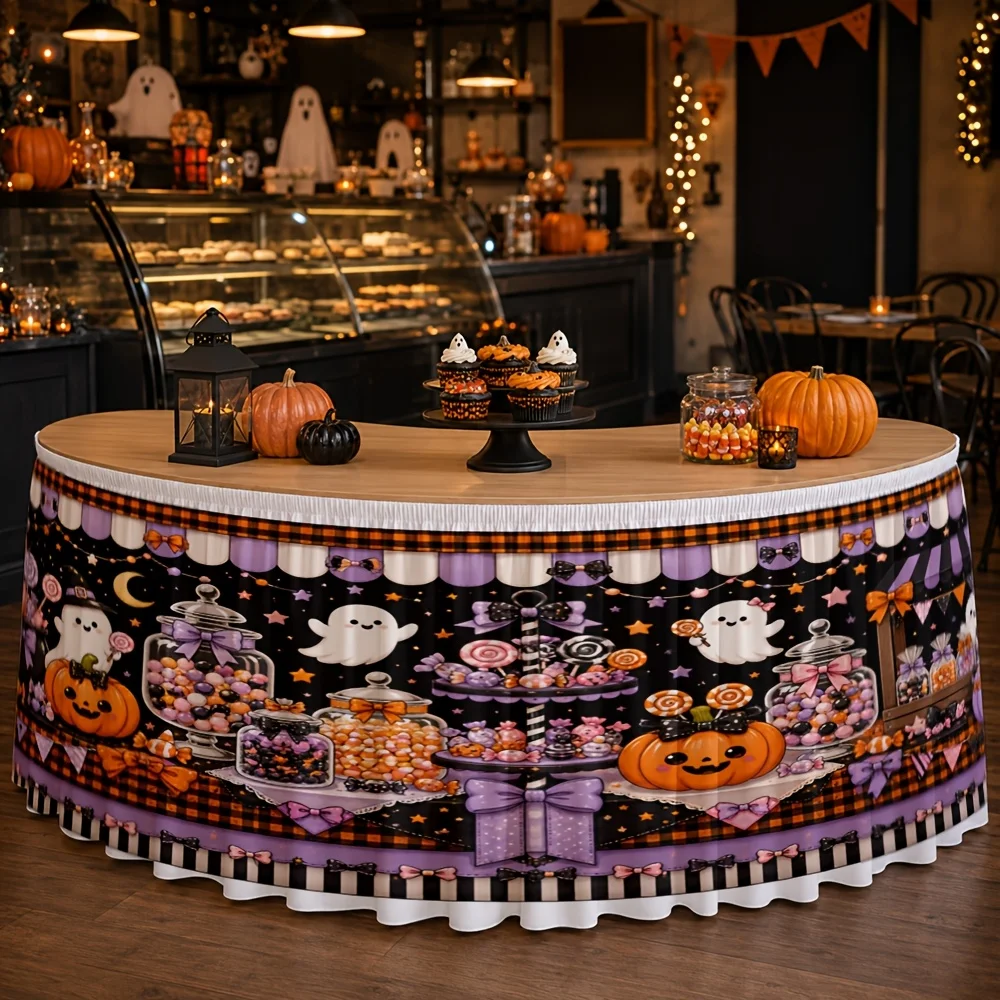 Halloween table skirt 1 piece - Polyester Candy Store Ghost Pumpkin Striped Banner Dessert Display Party Decorationxzj