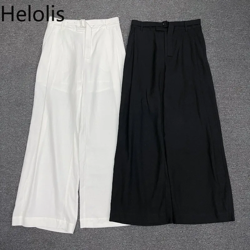 

Helolis Cotton and Linen Wide-leg Pants for Women 2025 Spring and Summer New Belt Decoration High Waist Pleated Loose Trousers