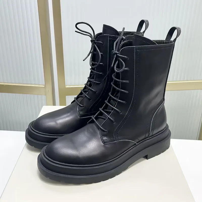 

Classic Suede Leather Flat Short Boots Women Motorcycle Boots Round Toe Lace Up Thick Sole Shoes String Bead Knight Boots Woman