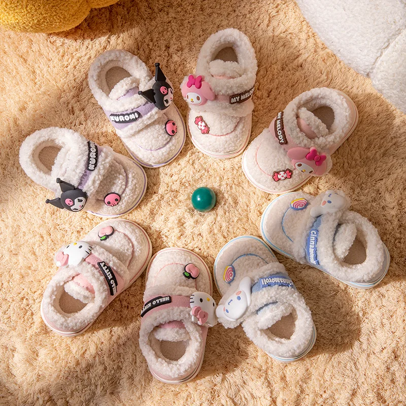 Sanrios Kuromi Child Cotton Slippers Autumn Winter Cinnamoroll Anime Thicken Kawaii Season Girl Indoor Keep Warm Cotton Shoes