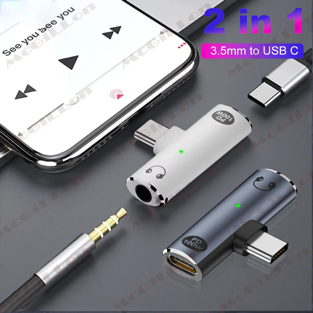 2 in 1 USB Type C To 3.5mm Headphone and Charger Adapter PD 100W Audio Aux Adapter USB C Splitter for Xiaomi Huawei iPhone 17 16