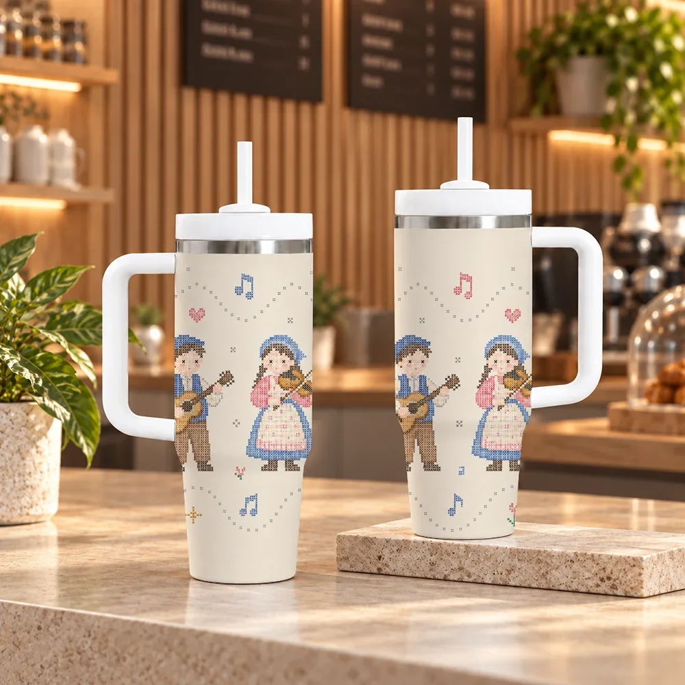 Diverse Kids Friendship Pattern Vacuum Flasks 40oz em Aco Inoxidavel com Alca e Canudo, Caneca de Viagem a Prova de Vazamentos