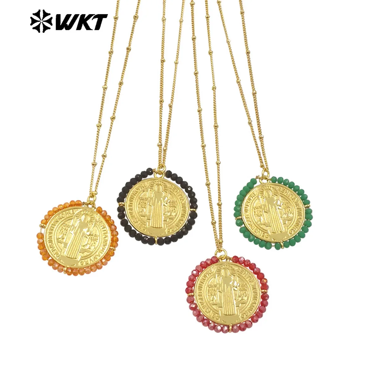 WT-MN991 Fashion Popular Women Wire Wrapped Brass 18K Gold St Benedict Medal Necklace With Crystal Decorate Religious Jewelry