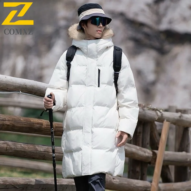 COMXZ Men Long Down Jacket Splicing Hood 90 percent White Duck Down Warm Parka Snow Travel Lightweight Autumn Winter windbreaker