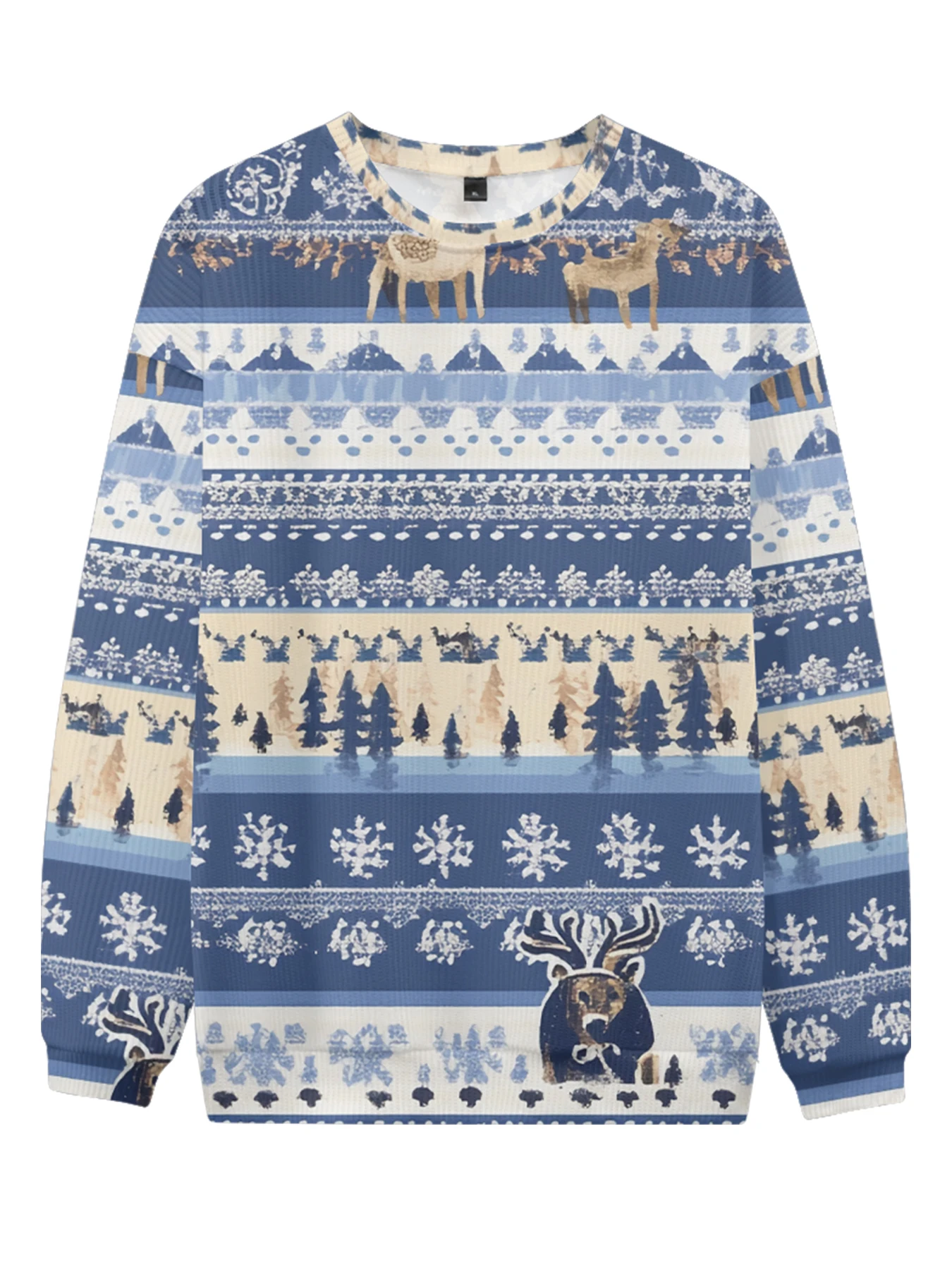 Trendy Nordic Christmas Graphic Winter Sweatshirt with Elk Snowflake Patterns Blue Forest Theme Cozy Long-Sleeve Crewneck