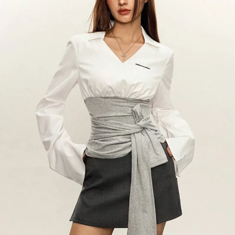 

Lantern Long Sleeve Lapel Turn Down Collar V Neck Elegant Slim Spliced Tie Up Bow Office Lady Skirts Women Spring Pullover Skirt