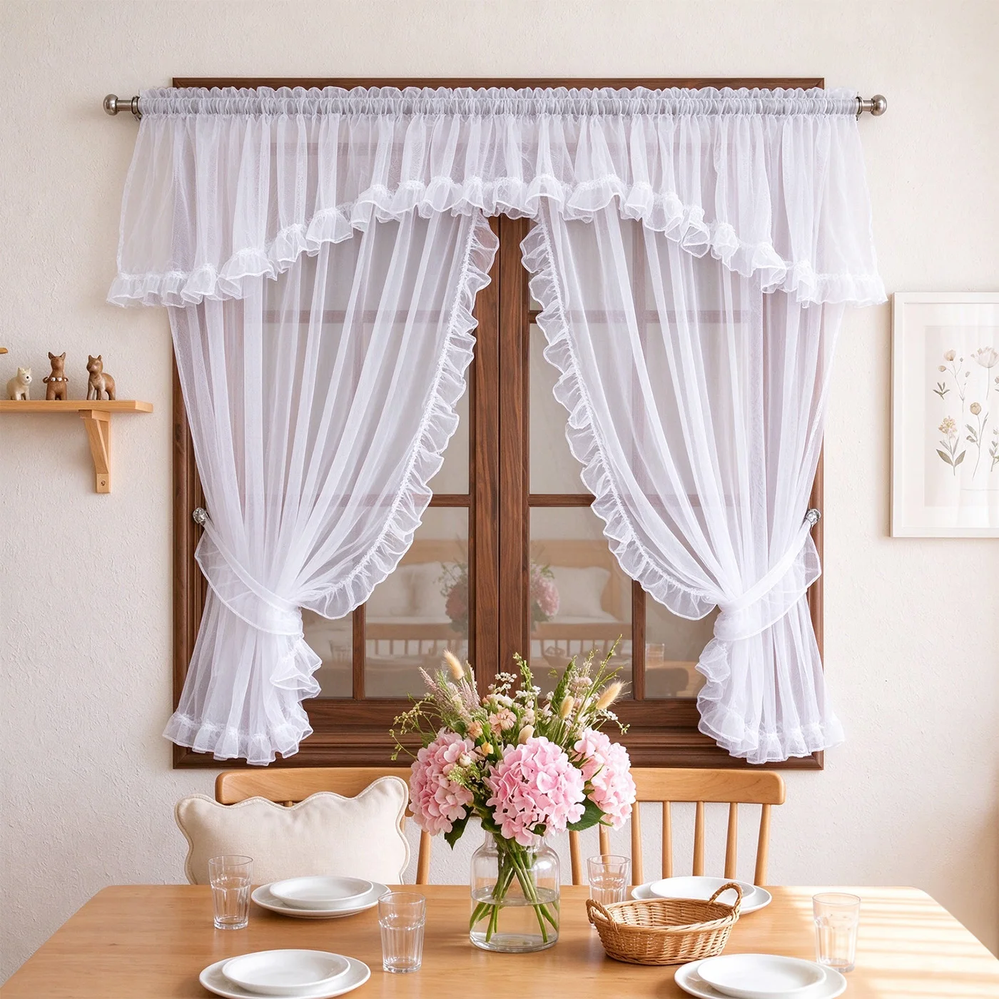 1PC Rod Pocket White Ruffle Edge Sheer Curtain, Light Filter Window Drape, For Kitchen Living Room, Sweet Housewarming Gift