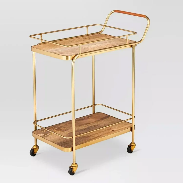 Bar Cart Furniture 2 Tier Gold Metal Kitchen Serving Bar Trolley Cart For Dining Room