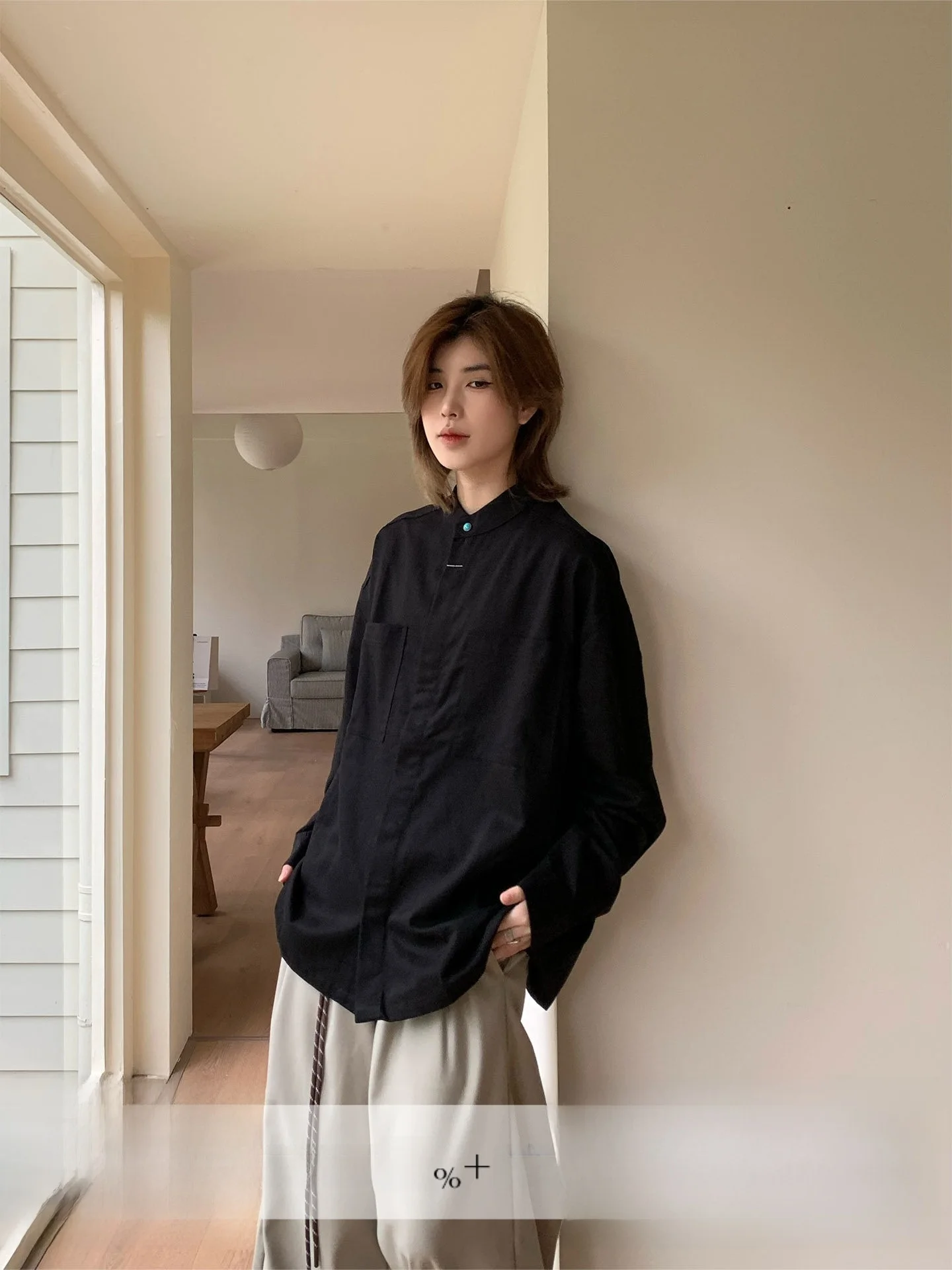 

New Chinese Style Small Stand Collar Shirt Men Women Layering Simple Clean Fit Black Shirt Cotton Lenzing Lyocell Blend Long ...