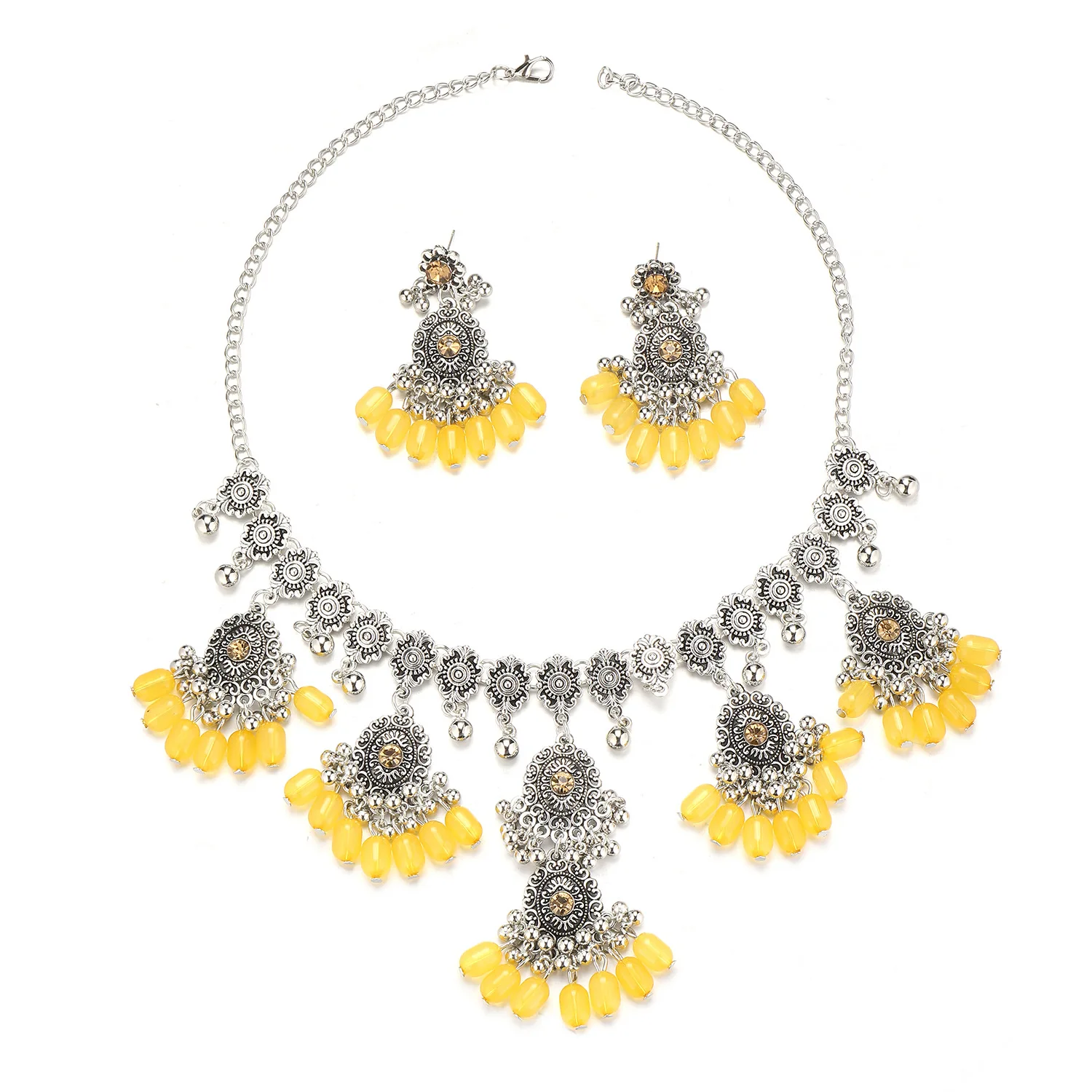 

Luxury Exaggerated Multi Zircon Tassel Jewelry Set Retro Ethnic Necklace Earrings Set Women Fashion Party Jewelry Gift