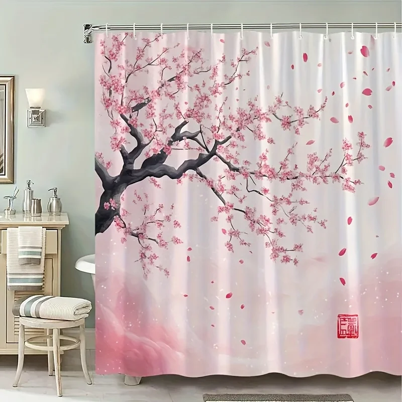 Pink Cherry Blossom Shower Curtain, Japanese Sakura Tree Print Zen Asian Style Decor Waterproof Polyester Fabric Bathroom Screen