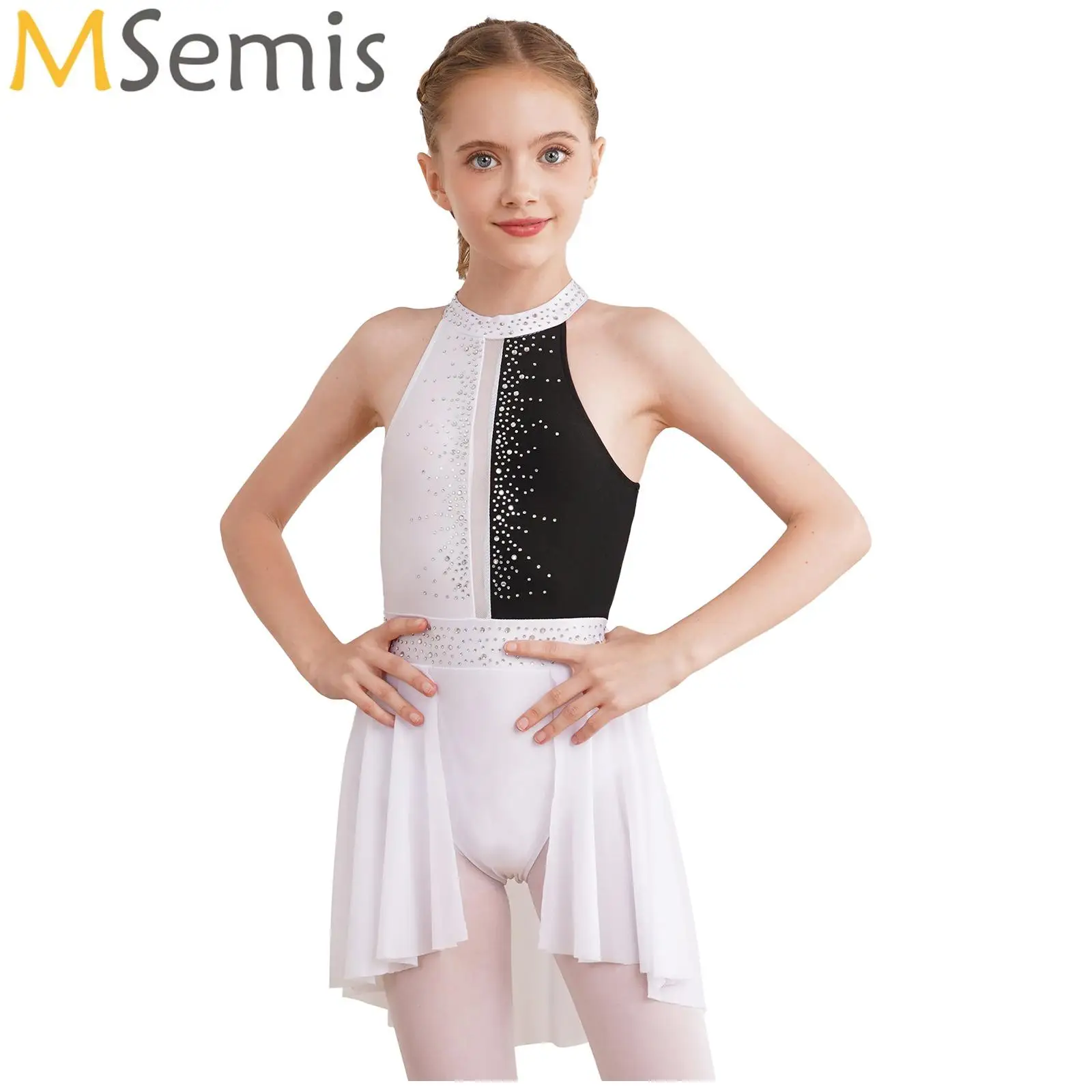 

Kids Sleeveless Ballet Leotard Tutu Dance Dress Rhinestone Lyrical Ballerina Gymnastics Performance Costume Girls Dancewear