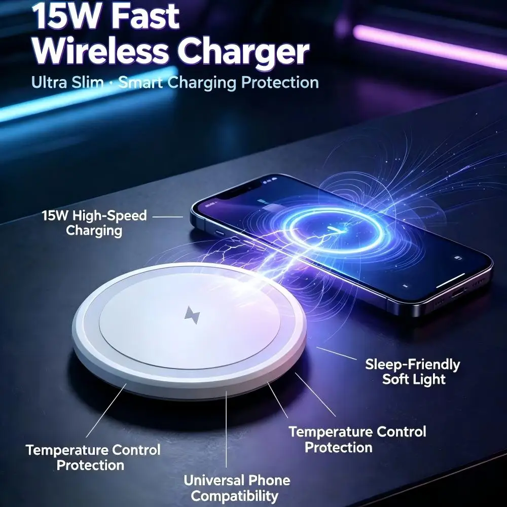 15W Phone Wireless Charger Magnetic Pad Fast Charging Station for iPhone 18 17 16 15 14 13 12 11 Pro Max Mini Ultra-thin Charger