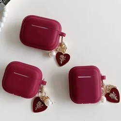 Vintage Wine Red Silicone Earphone Case For Apple Airpods 1 2 3 4 Pro 2nd Headset Box Cover With Rose Love Heart Pearl Pendant