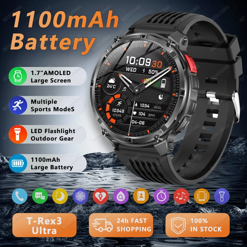 

Смарт-часы 2026 T-Rex3 Ultra с аккумулятором 1100 мАч, водонепроницаемые IP68, GPS, компас, фонарик, AMOLED HD-экран 1,7 дюйма, звонки, спортивные функции, для мужчин