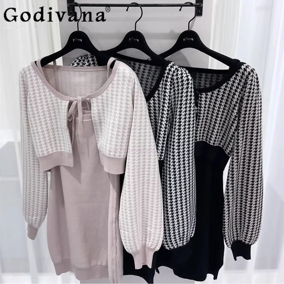 Vestido cárdigan de punto dulce japonés para niña, conjunto de 2 piezas, conjunto de vestido de punto elegante adelgazante para primavera y otoño