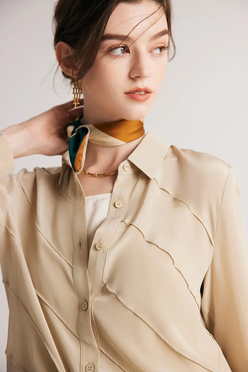 100% Natural Silk Women's Shirts Turn Down Collar Long Sleeves Lined Elegant Fashion Blouse Tops