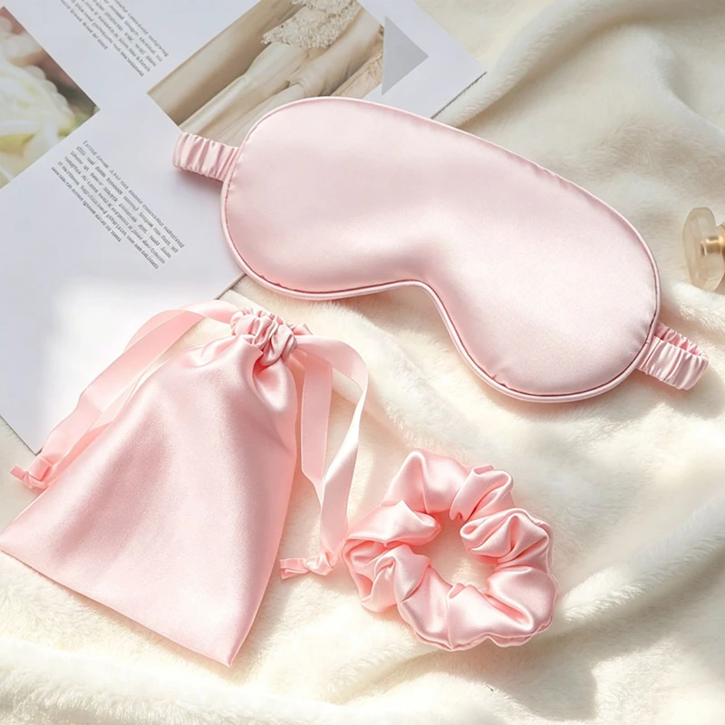 Silk Eye Mask 3Pcs Set Light Blocking No Pressure Sleeping Eye Cover Hair Protection Scrunchie Portable Storage Bag For Travel view 6