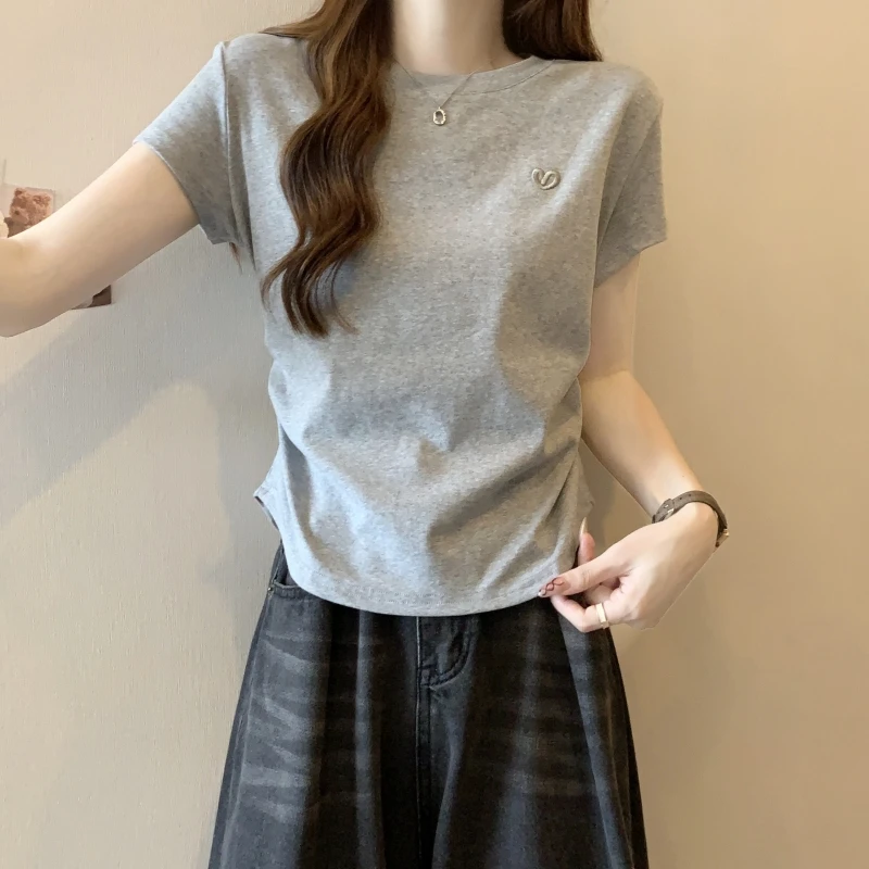 Women's T-shirt O-neck Short Sleeve Solid Color Casual Fashion Tees Woman Summer Clothes Women  Korean Popular Clothing Top Love image 2