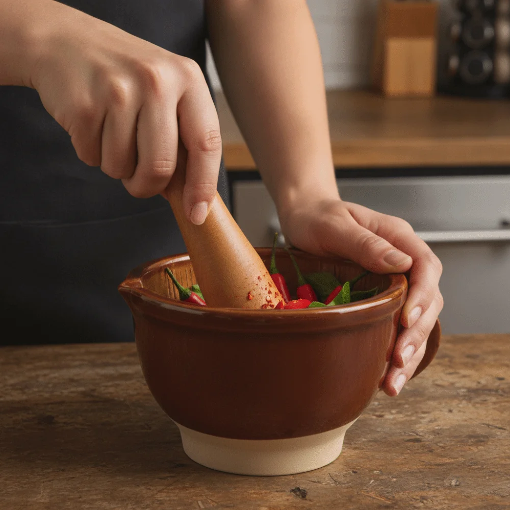 Rustic Style Ceramic Mortar and Pestle Set with Handle Non-Slip Base Garlic Grinding Bowl V Shape Diverter Brown